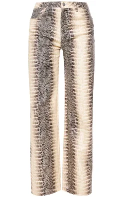 Brown Denim Low Waist Snake Print Wide Leg Jeans