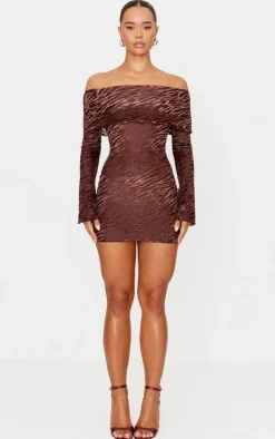 Brown Devore Print Bardot Long Sleeve Mini Dress