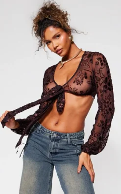 Brown Devore Tie Front Crop Top