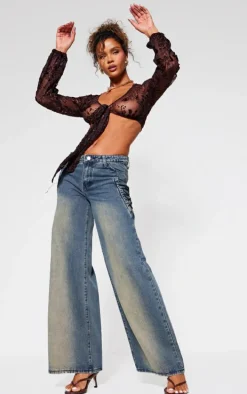 Brown Devore Tie Front Crop Top