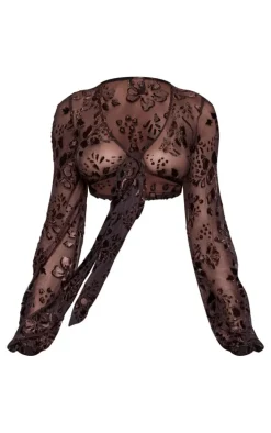 Brown Devore Tie Front Crop Top