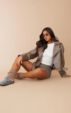 Brown Distressed Faux Leather Relaxed Fit Belted Biker Jacket