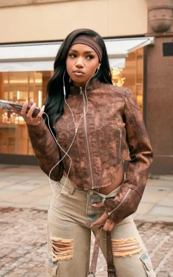 Brown Distressed Faux Leather Star Embroidery Biker Jacket