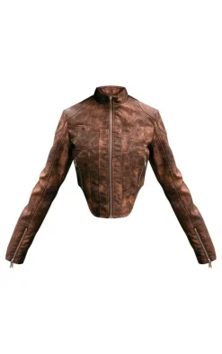 Brown Distressed Faux Leather Star Embroidery Biker Jacket