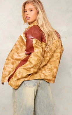 Brown Distressed Faux Leather Contrast Sleeve Biker Jacket