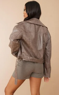 Brown Distressed Faux Leather Belted Relaxed Fit Biker Jacket