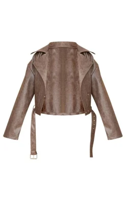 Brown Distressed Faux Leather Belted Relaxed Fit Biker Jacket