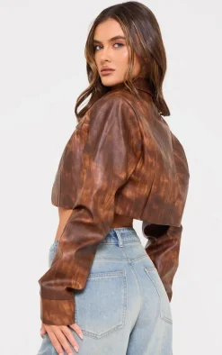 Brown Distressed Faux Leather Curved Hem Cropped Jacket