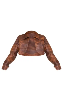 Brown Distressed Faux Leather Curved Hem Cropped Jacket
