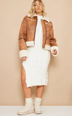 Brown Distressed Faux Suede Faux Fur Lined Cropped Jacket