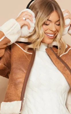 Brown Distressed Faux Suede Faux Fur Lined Cropped Jacket