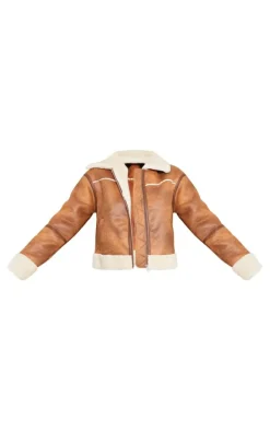 Brown Distressed Faux Suede Faux Fur Lined Cropped Jacket