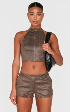 Brown Distressed Faux Suede Eyelet Zip Up Top