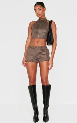 Brown Distressed Faux Suede Eyelet Zip Up Top