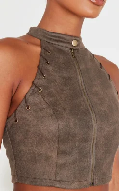 Brown Distressed Faux Suede Eyelet Zip Up Top