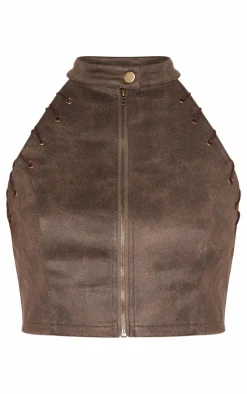 Brown Distressed Faux Suede Eyelet Zip Up Top