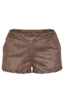 Brown Distressed Faux Suede Eyelet Hotpants