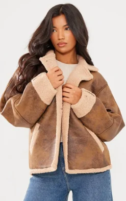 Brown Distressed Look Faux Leather Borg Lined Aviator Jacket