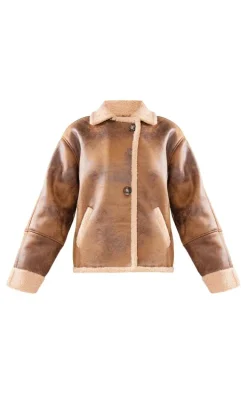 Brown Distressed Look Faux Leather Borg Lined Aviator Jacket