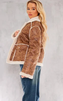 Brown Distressed Pu Borg Detail Collared Jacket