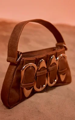 Brown Distressed PU Buckle Baguette Shoulder Bag