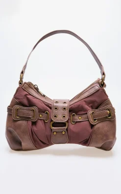 Brown Distressed PU Nylon Detail Shoulder Bag