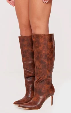 Brown Distressed PU Point Toe Stiletto Heeled Knee Boots