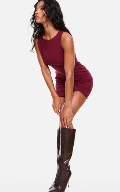 Brown Distressed Pu Point Toe Knee High Heeled Boots