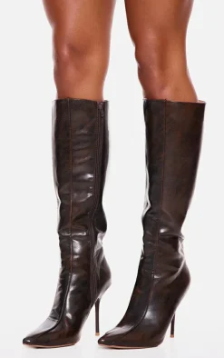 Brown Distressed Pu Point Toe Knee High Heeled Boots