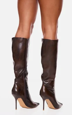 Brown Distressed Pu Point Toe Knee High Heeled Boots