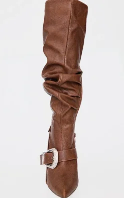 Brown Distressed Pu Point Toe Buckle Knee High Stiletto Heeled Boots