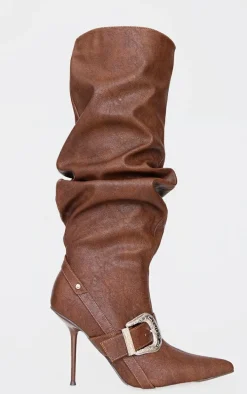 Brown Distressed Pu Point Toe Buckle Knee High Stiletto Heeled Boots