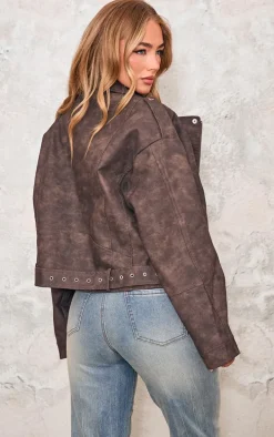 Brown Distressed Soft Faux Leather Oversized Biker Jacket