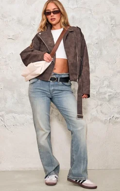 Brown Distressed Soft Faux Leather Oversized Biker Jacket