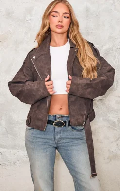 Brown Distressed Soft Faux Leather Oversized Biker Jacket