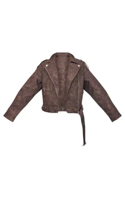 Brown Distressed Soft Faux Leather Oversized Biker Jacket