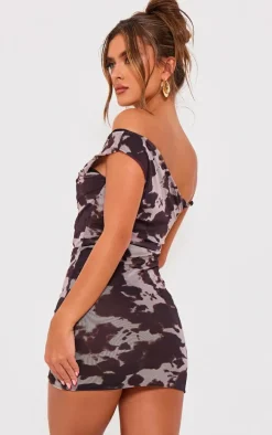 Brown Double Layer Slinky Cow Print Twist Bodycon Dress