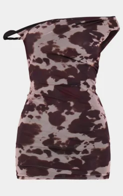 Brown Double Layer Slinky Cow Print Twist Bodycon Dress