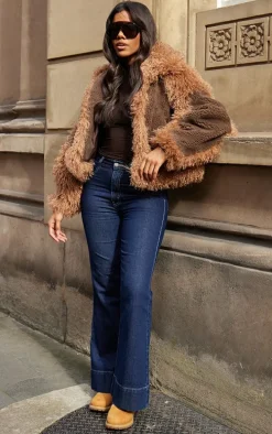 Brown Faux Fur Contrast Teddy Aviator Jacket