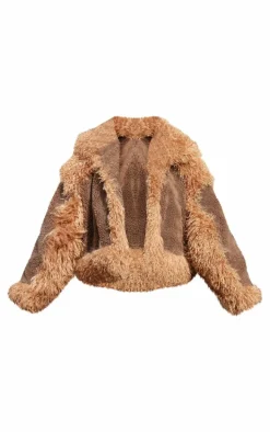 Brown Faux Fur Contrast Teddy Aviator Jacket