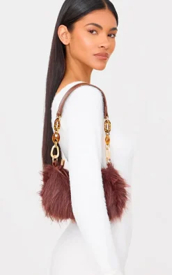 Brown Faux Fur Link Handle Shoulder Bag
