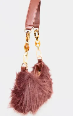 Brown Faux Fur Link Handle Shoulder Bag