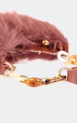Brown Faux Fur Link Handle Shoulder Bag