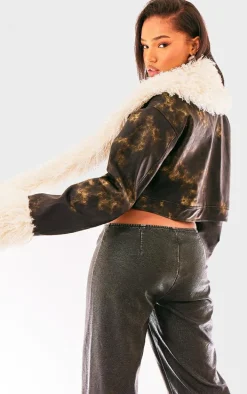 Brown Faux Fur Scarf And Trim Faux Leather Jacket
