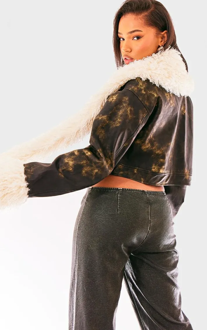 Brown Faux Fur Scarf And Trim Faux Leather Jacket