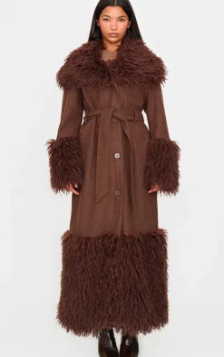 Brown Faux Fur Trim Contrast Wool Look Coat