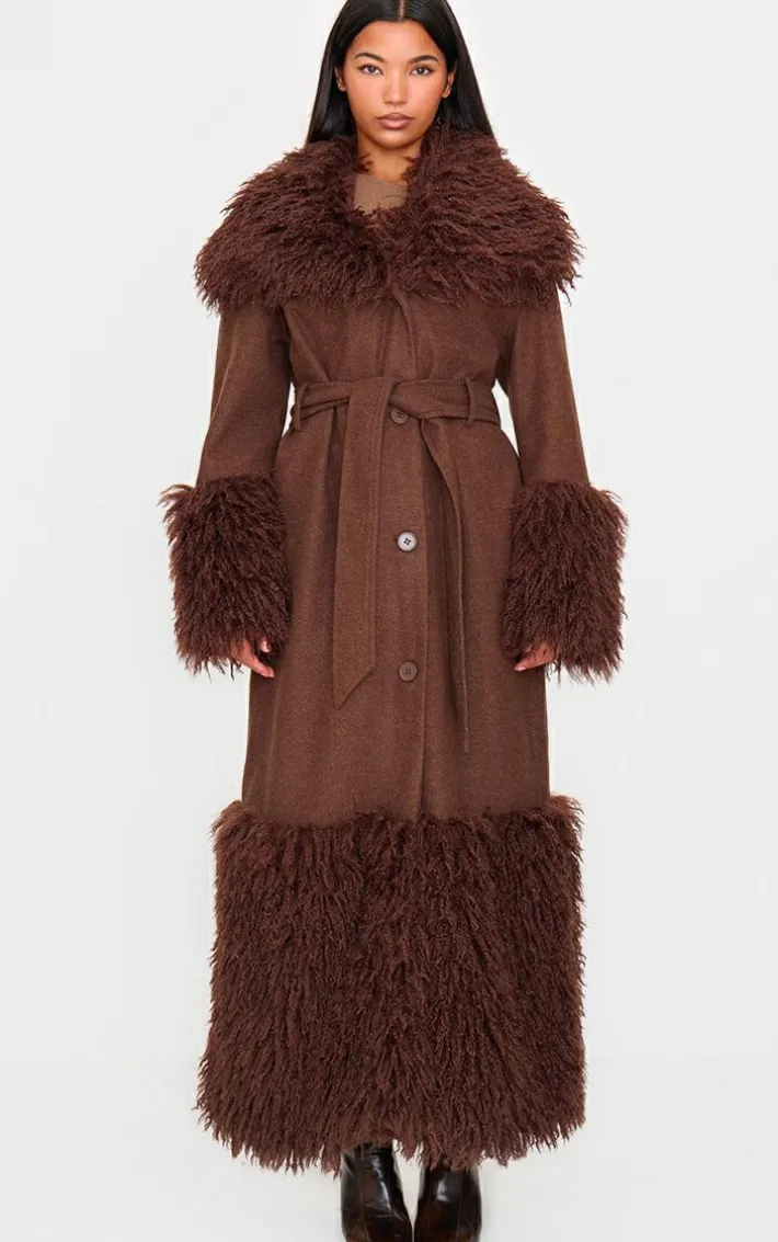 Brown Faux Fur Trim Contrast Wool Look Coat