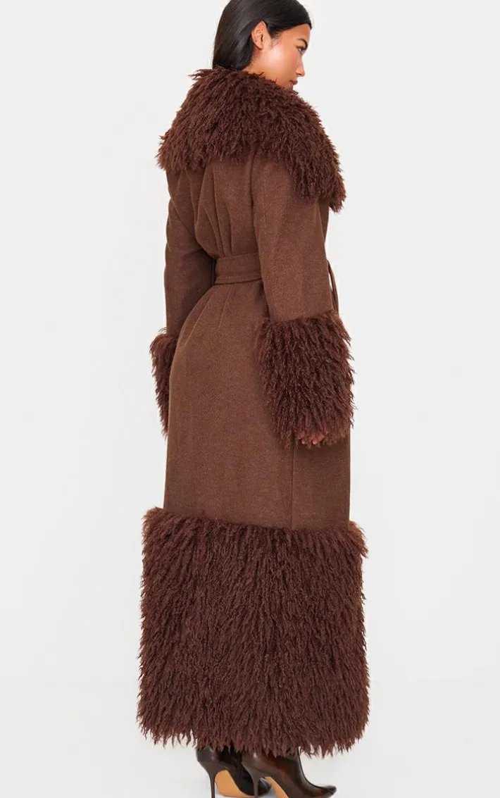 Brown Faux Fur Trim Contrast Wool Look Coat