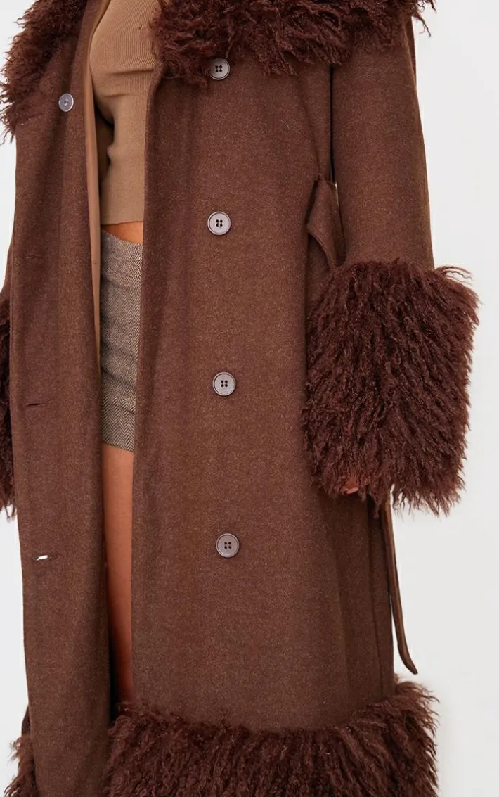Brown Faux Fur Trim Contrast Wool Look Coat