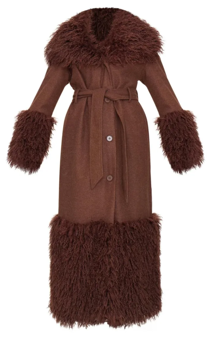 Brown Faux Fur Trim Contrast Wool Look Coat